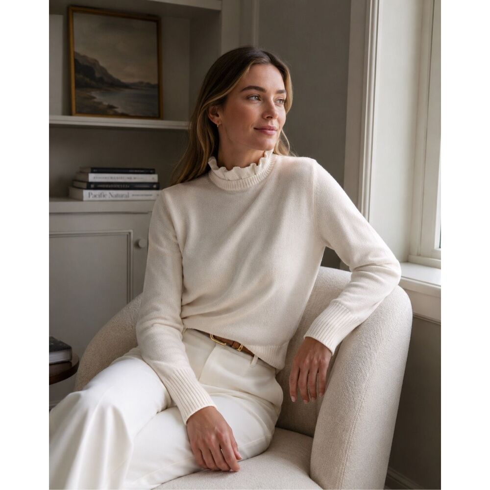 NWT J.Crew Cream Ruffle Mock Neck Sweater | Quiet Luxury Soft wool Blend Pullove